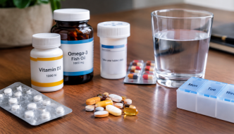 Medicines, supplements and a pill organiser arranged on a table