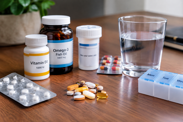 Medicines, supplements and a pill organiser arranged on a table