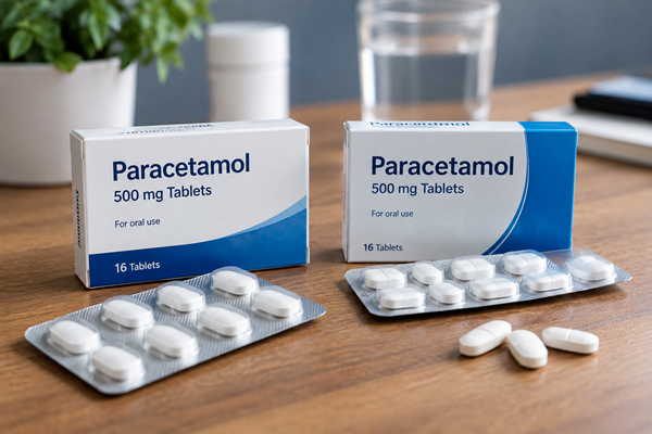 Generic and brand-name medicine boxes with blister packs and tablets