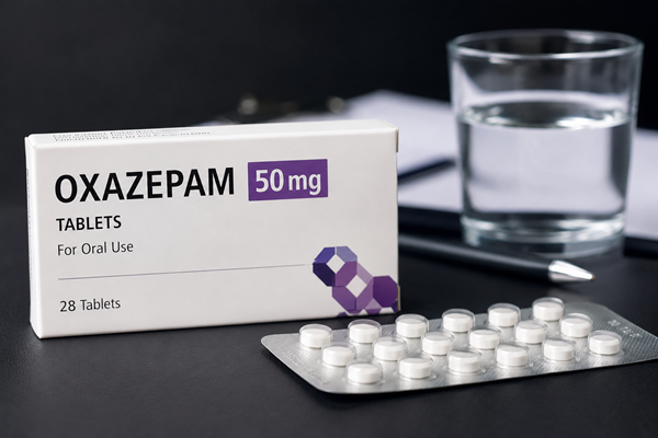 Oxazepam 50mg tablets in blister packaging with a glass of water.