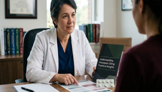 A doctor sitting at a desk explaining medical information to a patient.