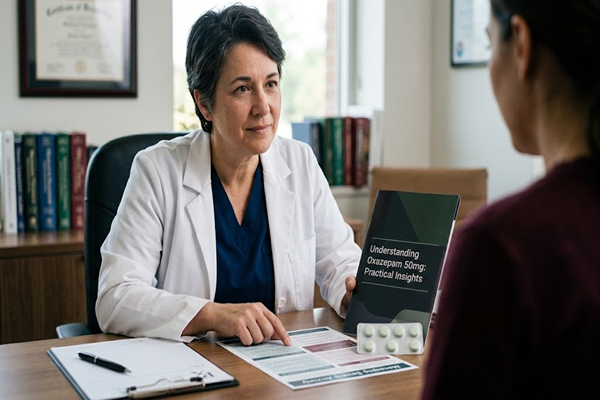 A doctor sitting at a desk explaining medical information to a patient.