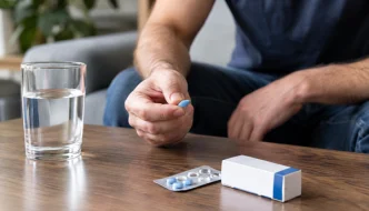 Man holding an ED medication tablet beside a glass of water.